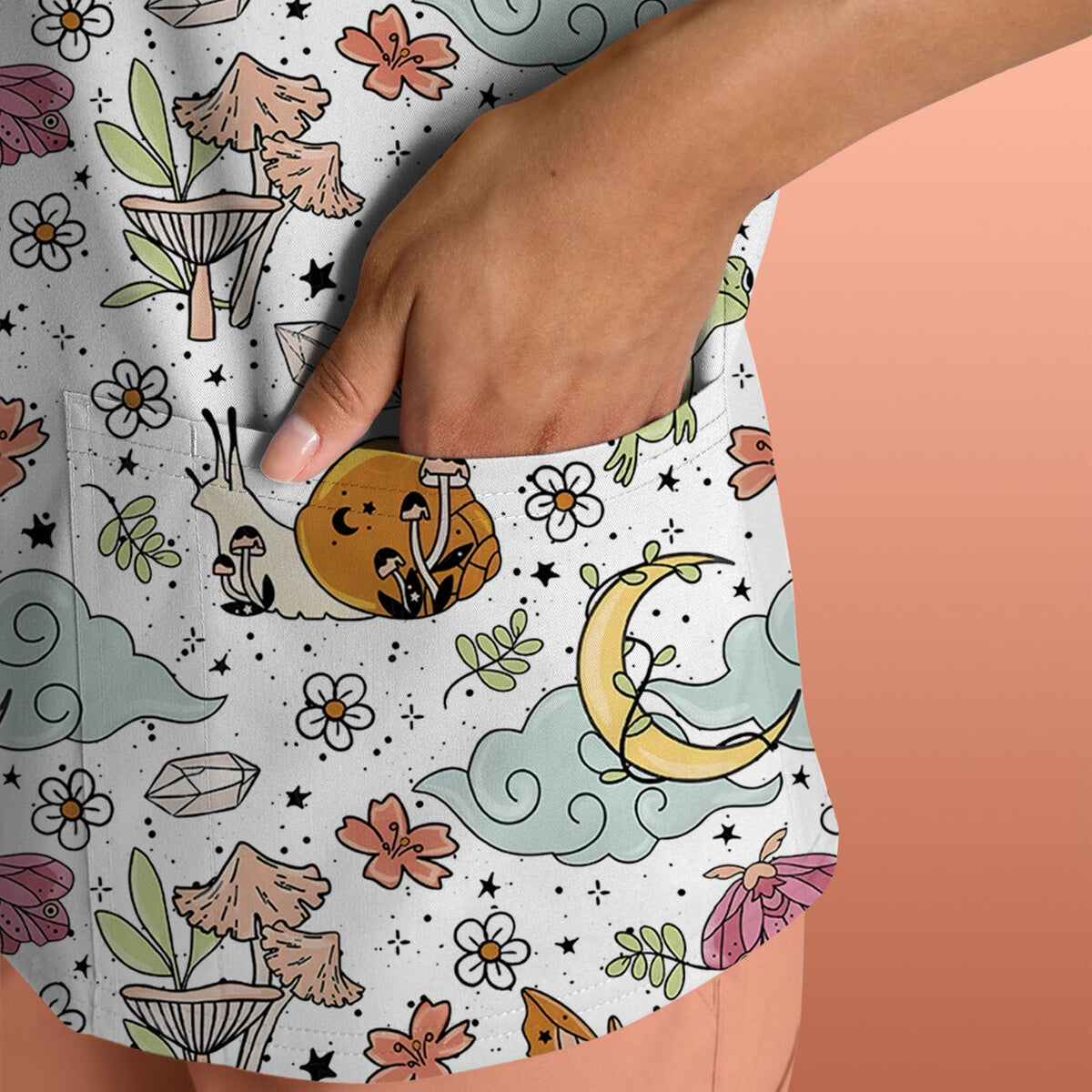 Whimsical Frog Moon Mushroom Nurse Scrub Top