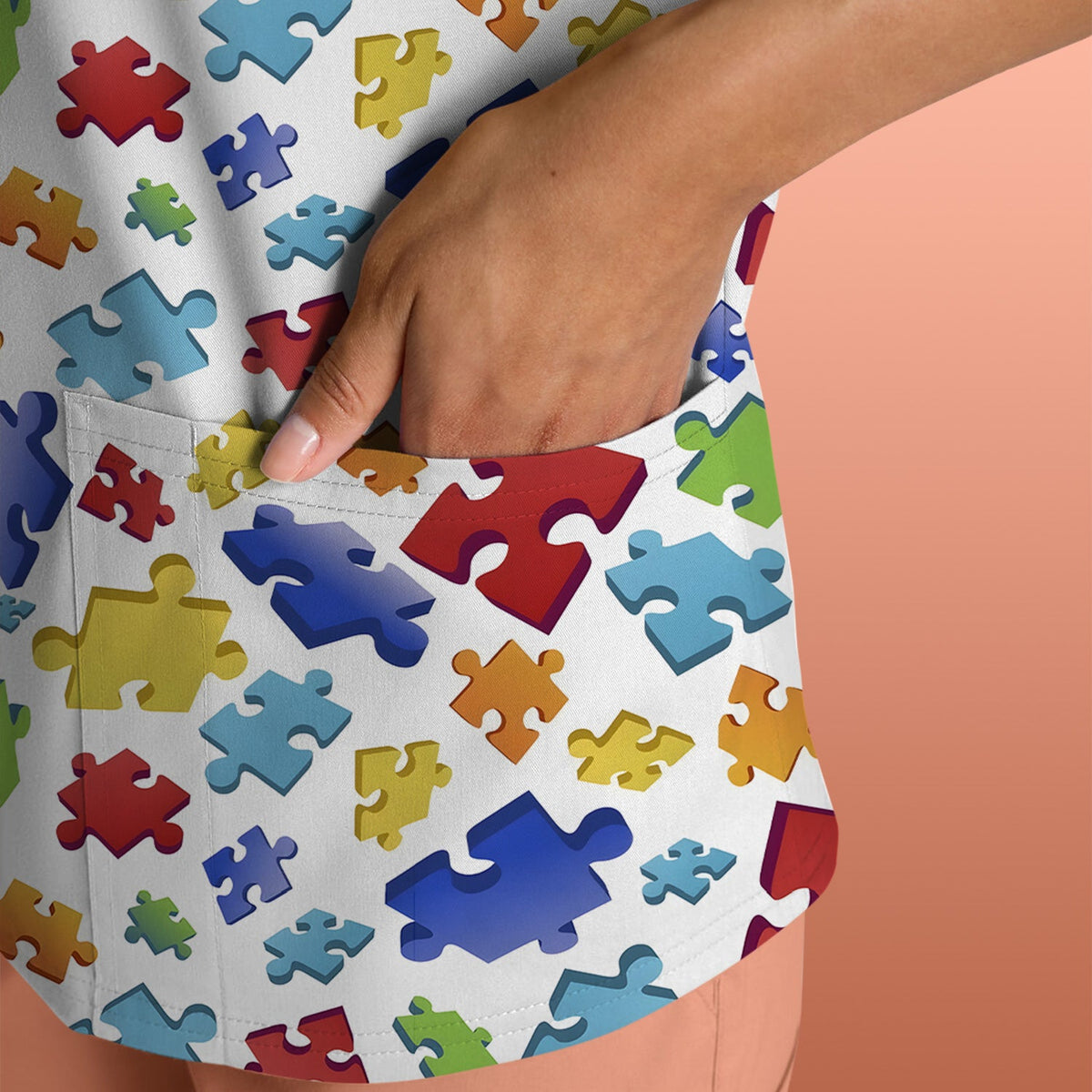 Colorful Scattered Puzzle Piece Nurse Scrub Top