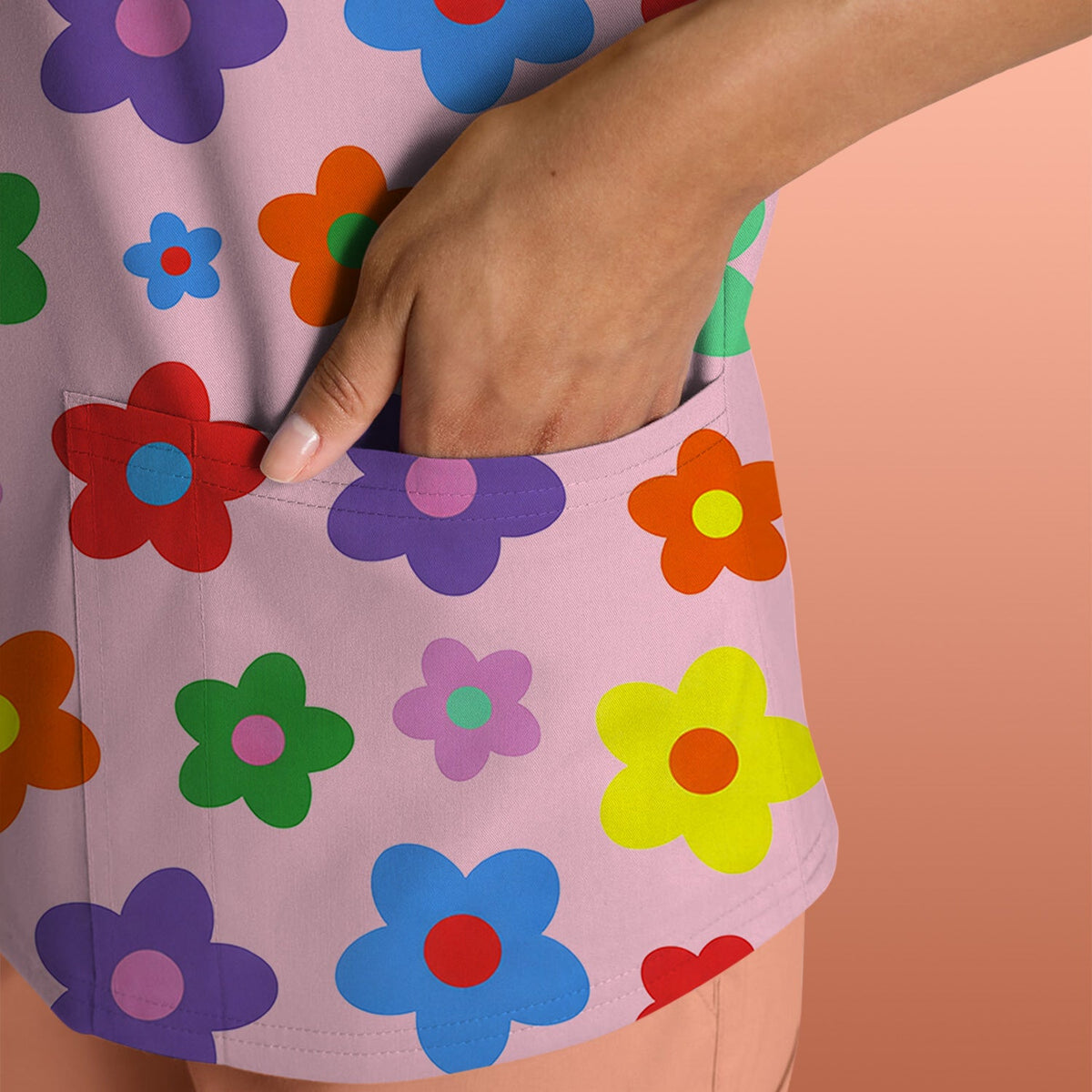 Colorful Retro Flower Nurse Scrub Top