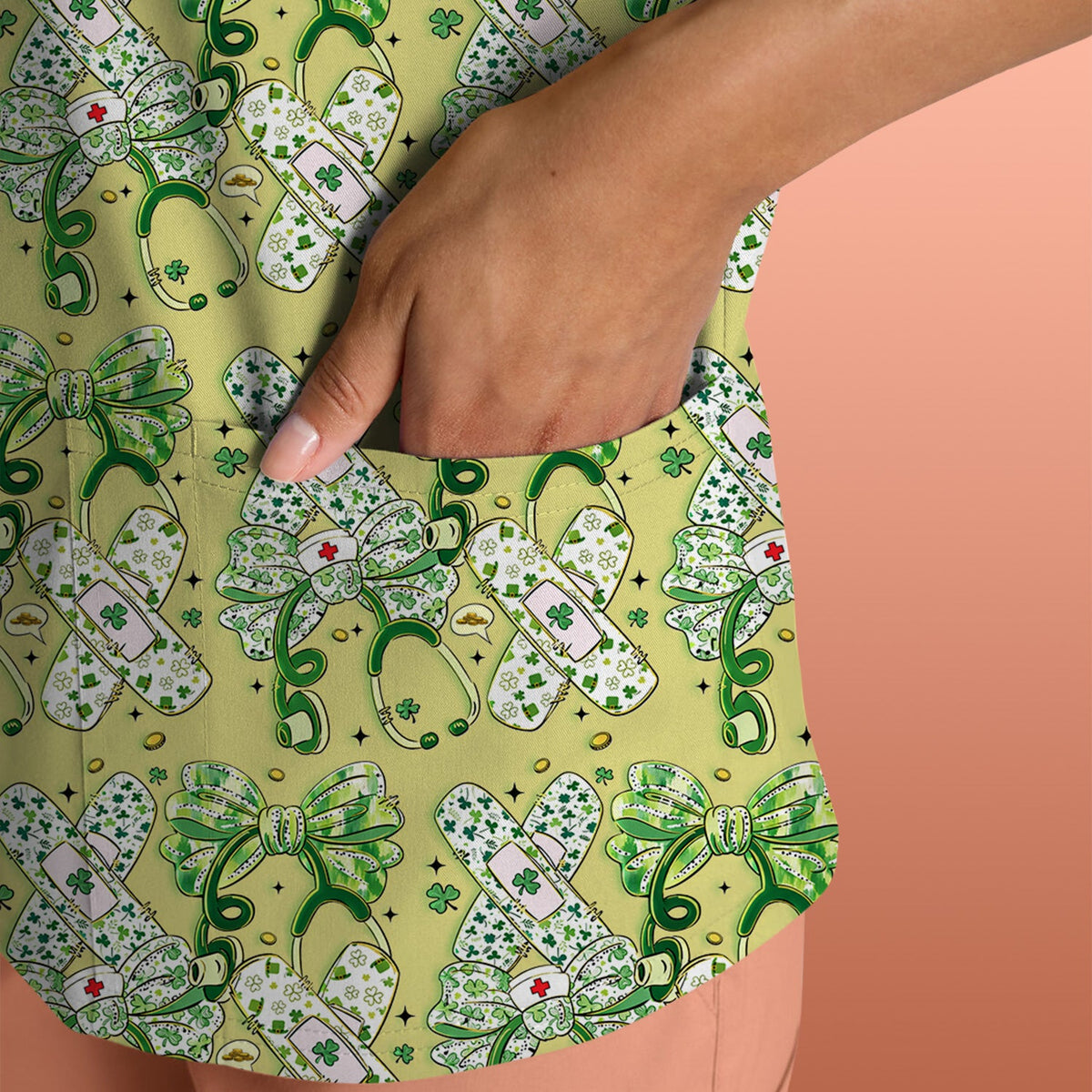 St Patrick Shamrock Stethoscope Nurse Scrub Top