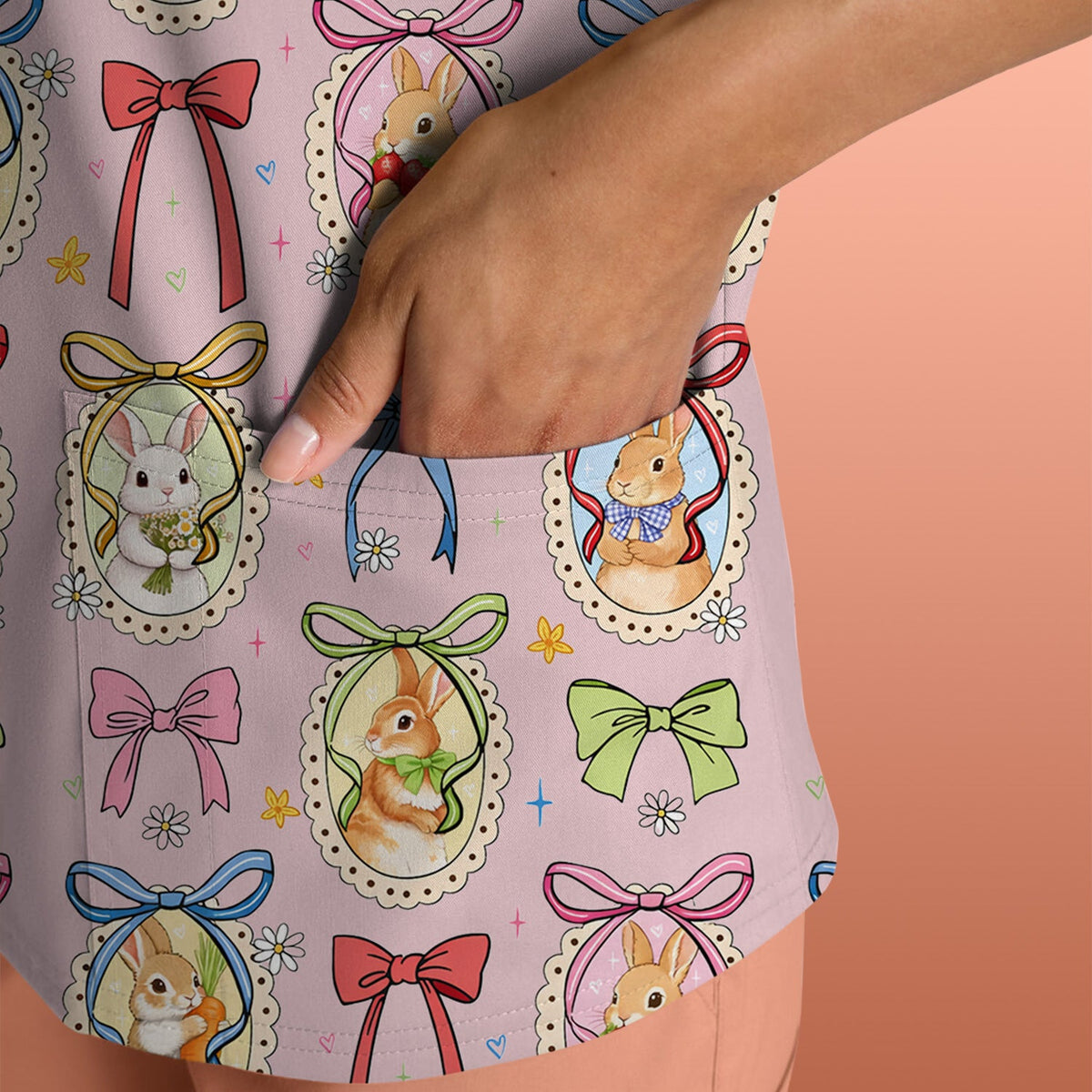 Bunny Cameo Bow Nurse Scrub Top - Easter Gift