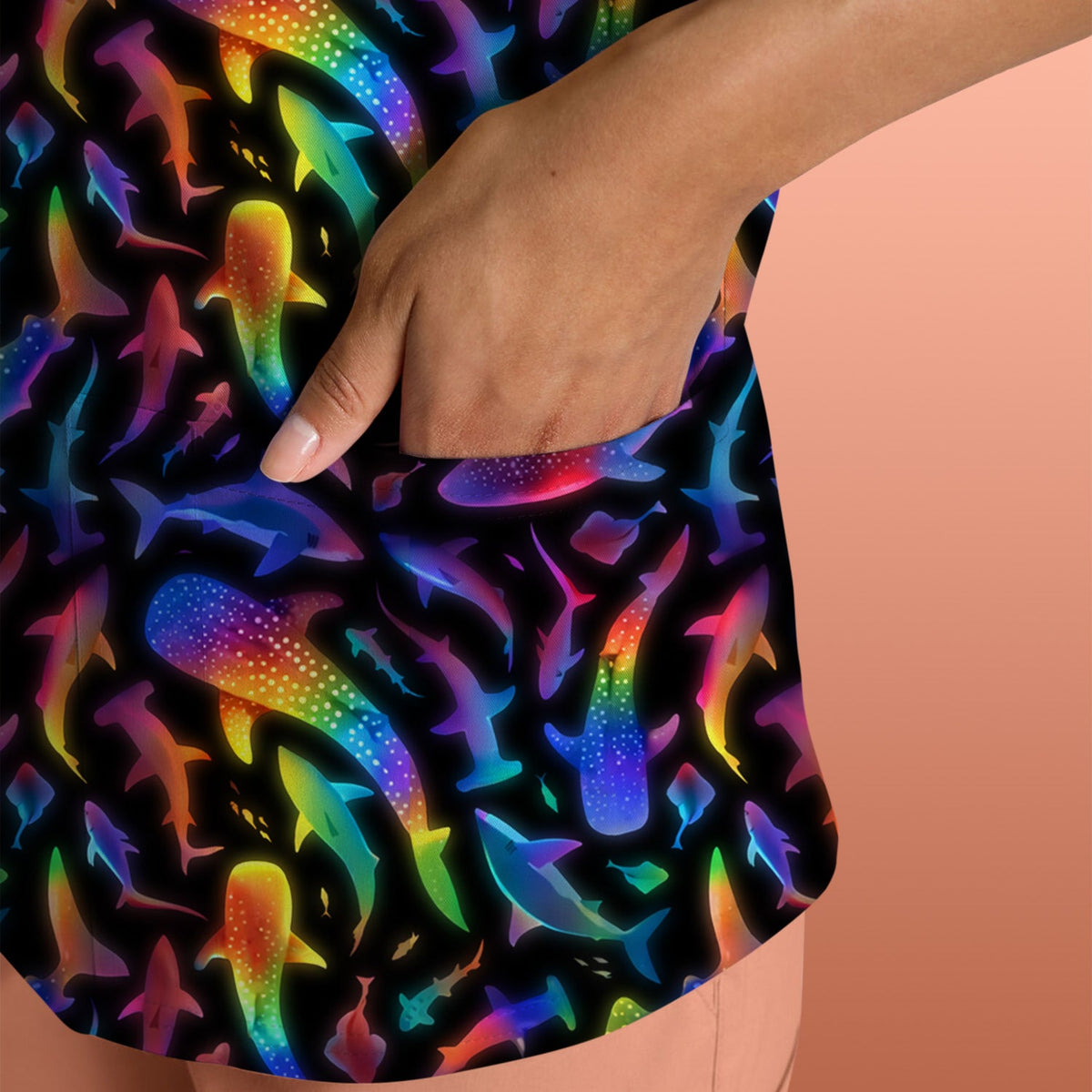 Vibrant Rainbow Shark Pattern Scrub Top, Comfortable Scrubs For Nurses