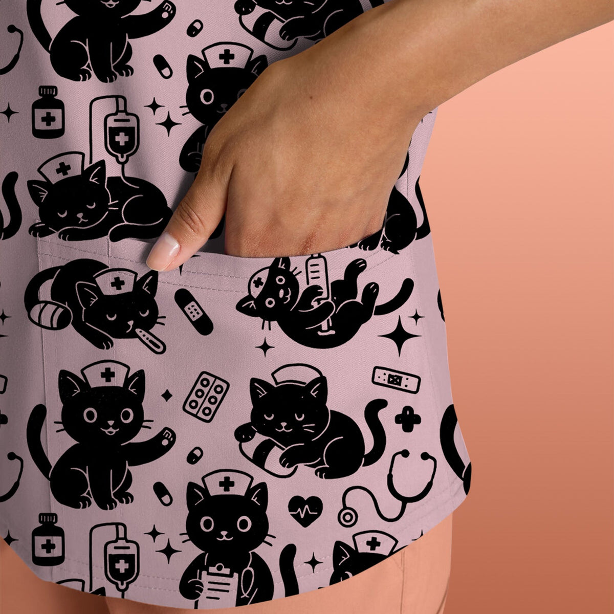 Cute Black Cat Nurse Pattern Scrub Top, Breathable Fabrics Nursing Uniform
