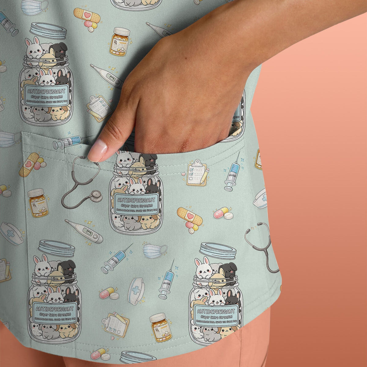 Whimsical Antidepressant Rabbit Jar Nurse Scrub Top