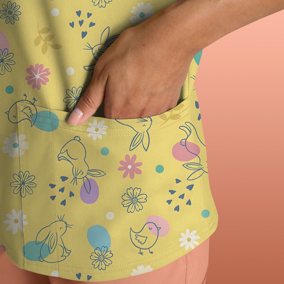 Whimsical Easter Bunny Eggs Nurse Scrub Top