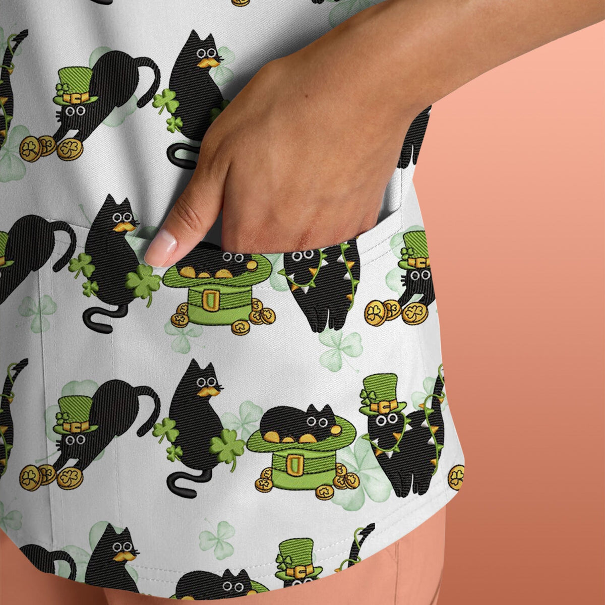 St Patrick Black Cat Clover Nurse Scrub Top