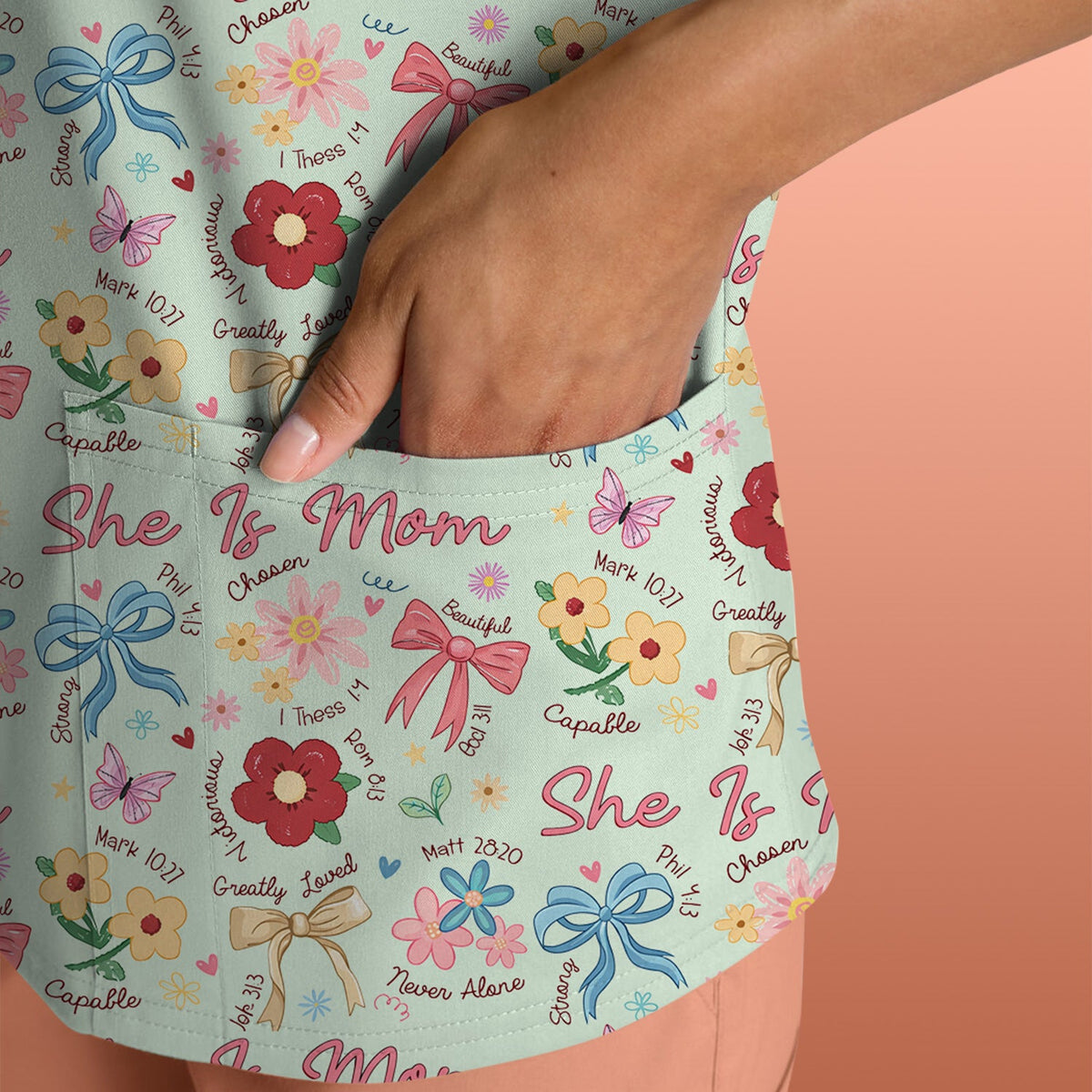 She Is Mom Floral Bow Nurse Scrub Top