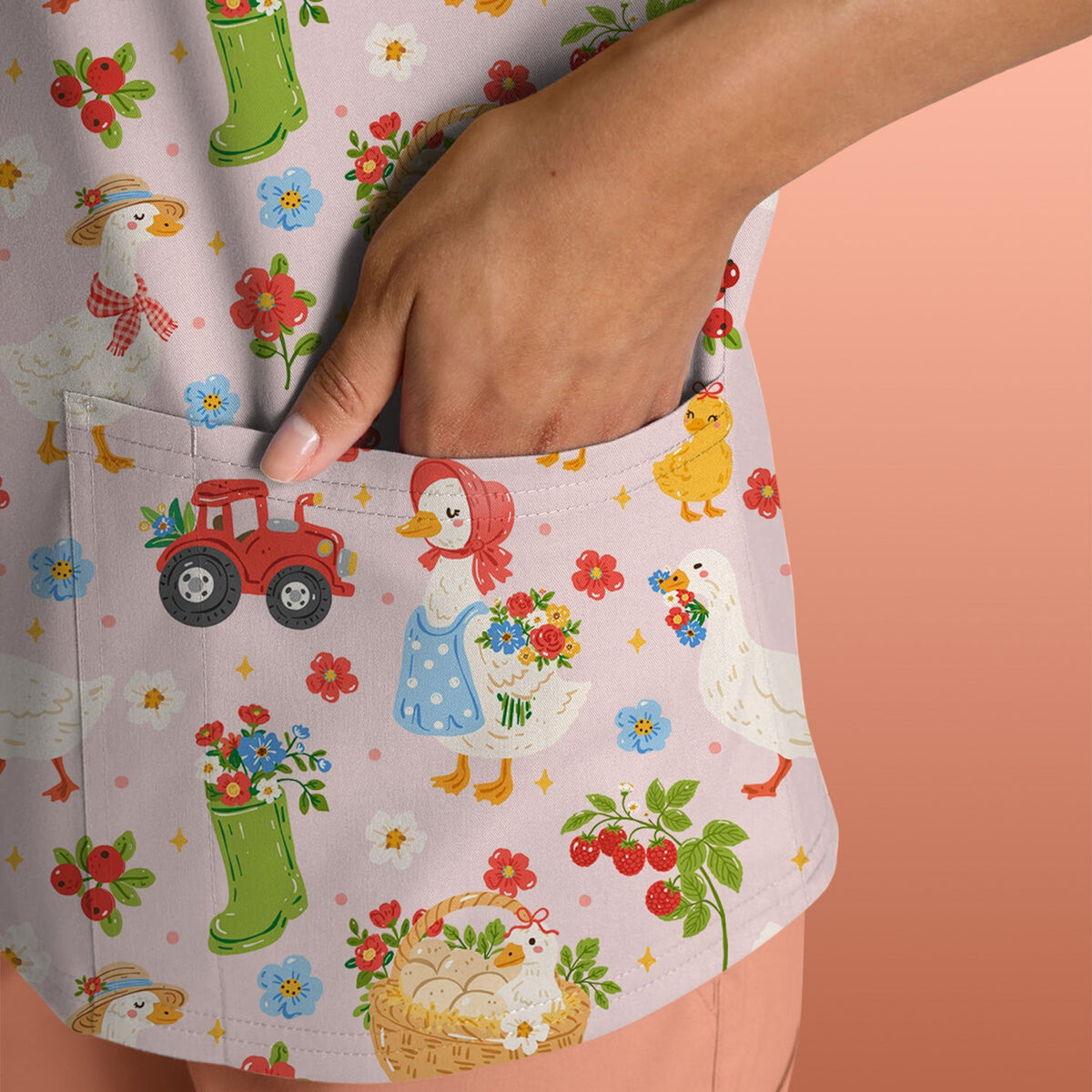 Farm Duck Chicken Tractor Flower Basket Nurse Scrub Top