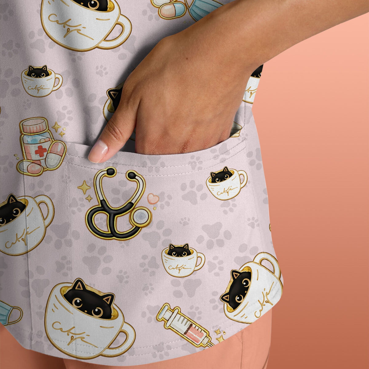 Coffee Cat Nurse Scrub Top