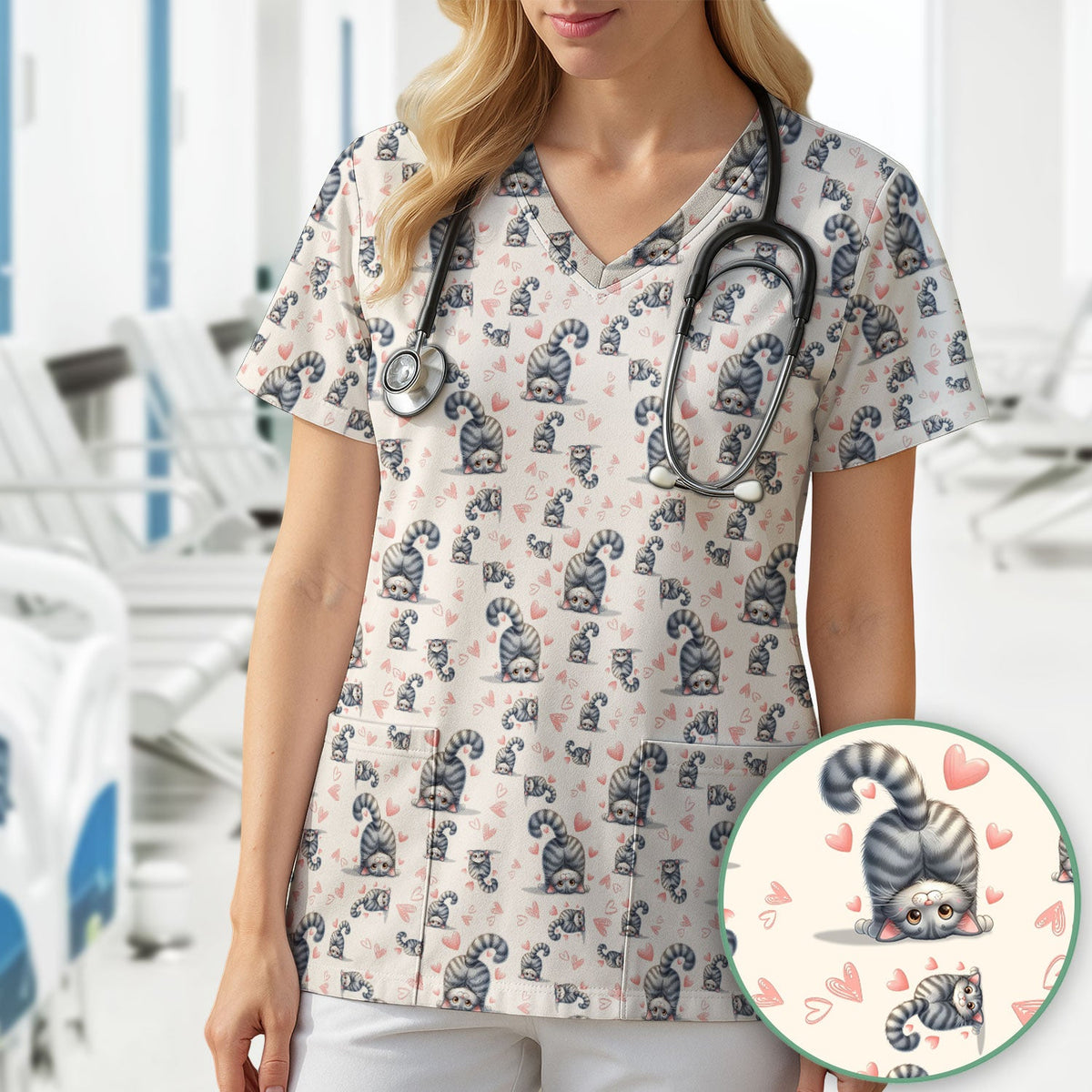 Valentine Cute Cat Scrub Top, Cat Heart Pattern Nurse Uniform, Comfortable Scrubs For Nurses