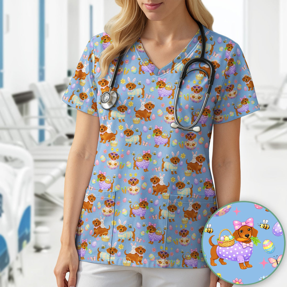 Easter Dachshund Nurse Scrub Top