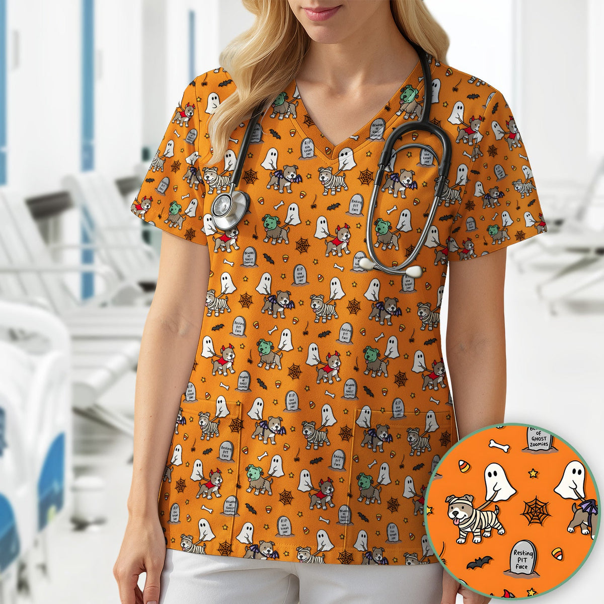 Halloween Pit Bull Costume Nurse Scrub Top