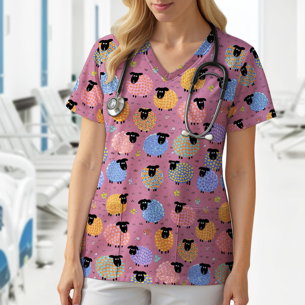 Funny Colorful Sheep Pattern Scrub Top, Comfortable Scrubs for Nurses