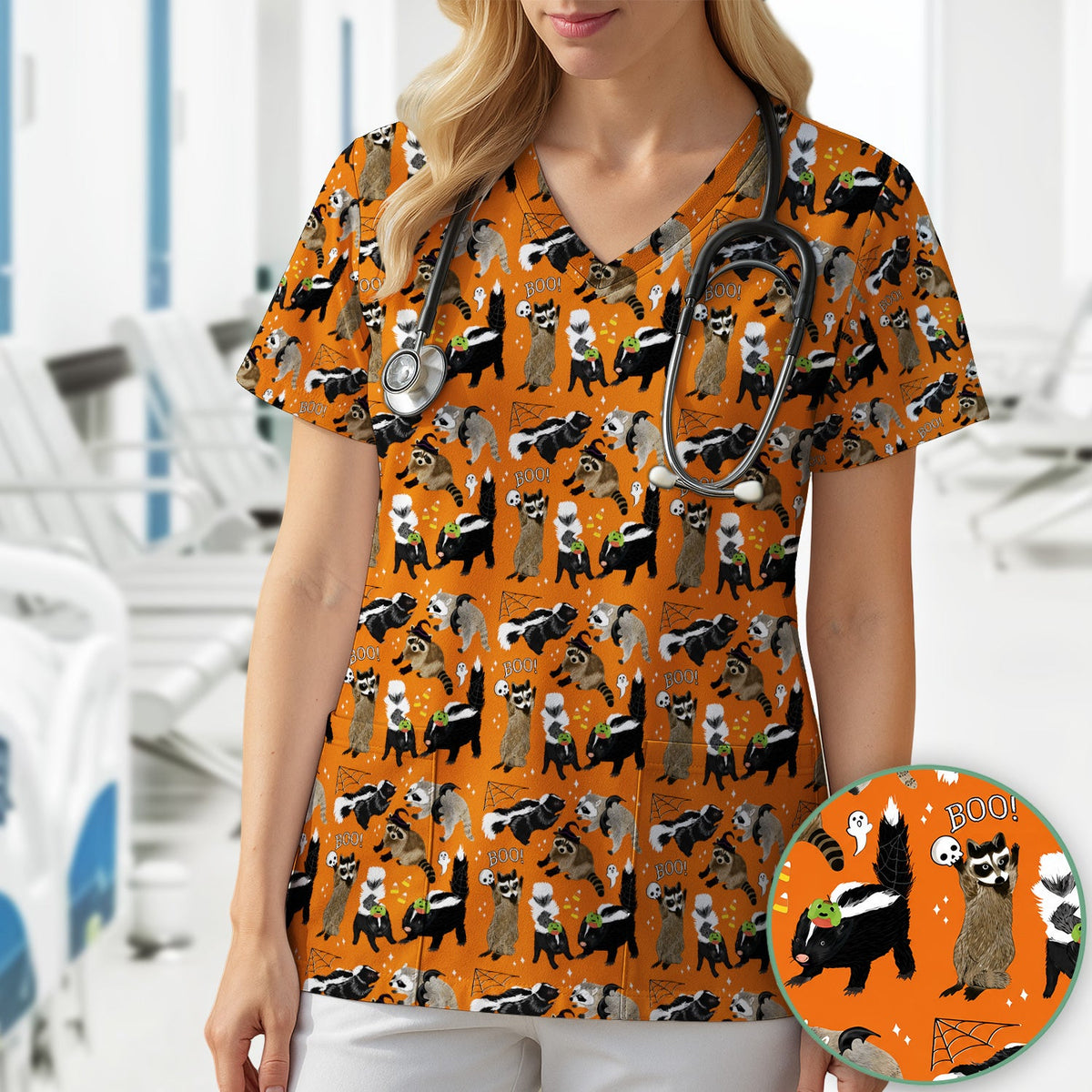 Skunk Raccoon Wildlife Nurse Scrub Top - Halloween Gift