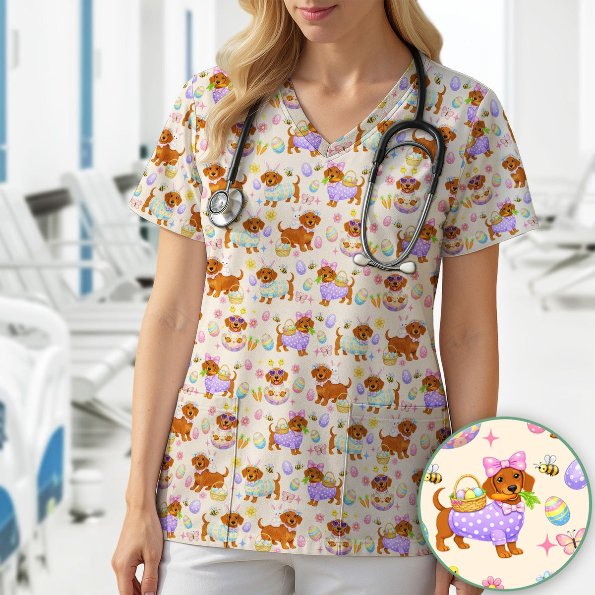 Easter Dachshund Nurse Scrub Top