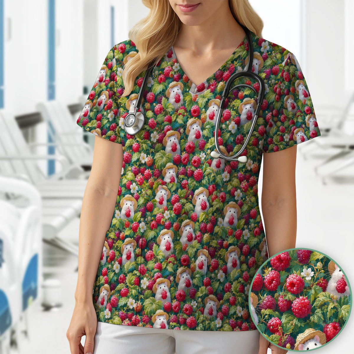 Raspberry Mouse Garden Nurse Scrub Top