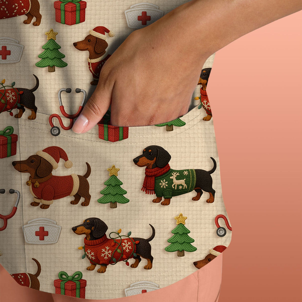Christmas Nurse Scrubs for Women - Cute Dachshund Dog Print with Holiday Gifts & Trees - Custom Multi Color Nursing Shirt Gift