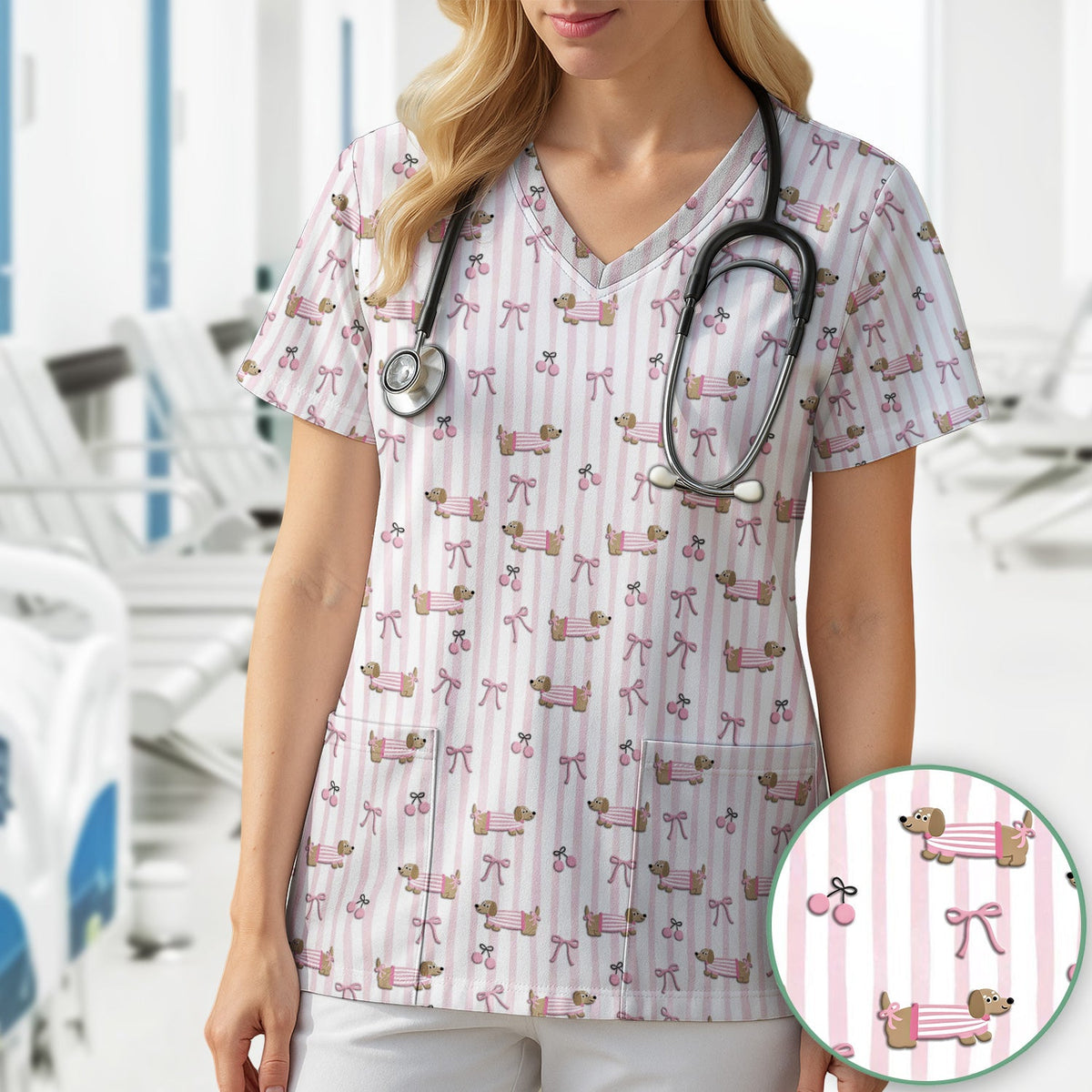 Dachshund Pink Stripe Nurse Scrub Top