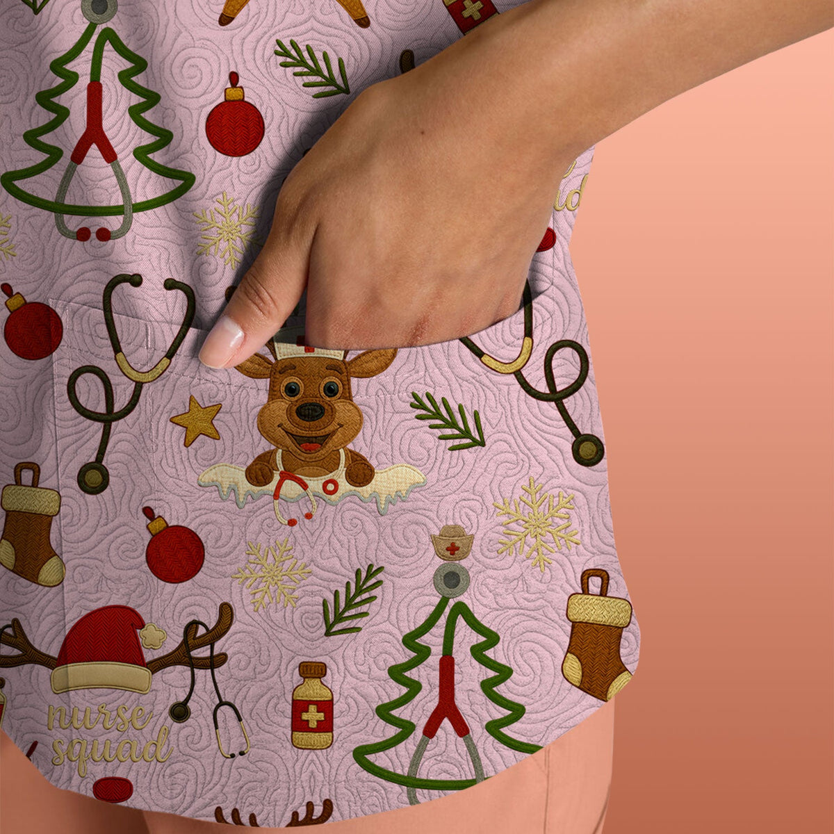 Christmas Reindeer Scrub Top - Cute Holiday Nurse Scrubs with Reindeer Print - Funny Xmas Medical Scrub Shirt Gift for Women CNA RN Doctor