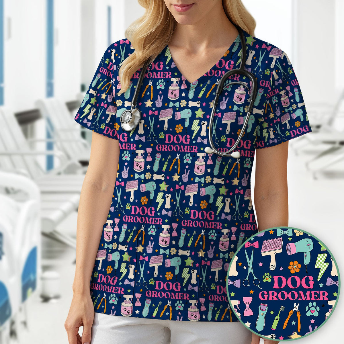 Dog Groomer Tools Nurse Scrub Top