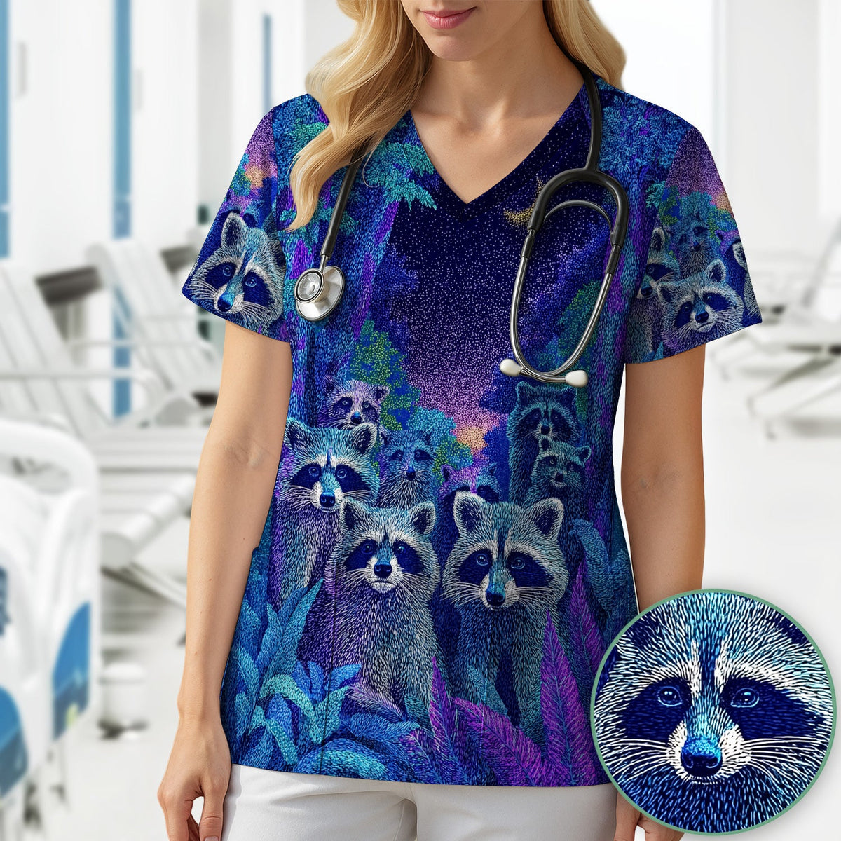 Moonlit Raccoon Nurse Scrub Top