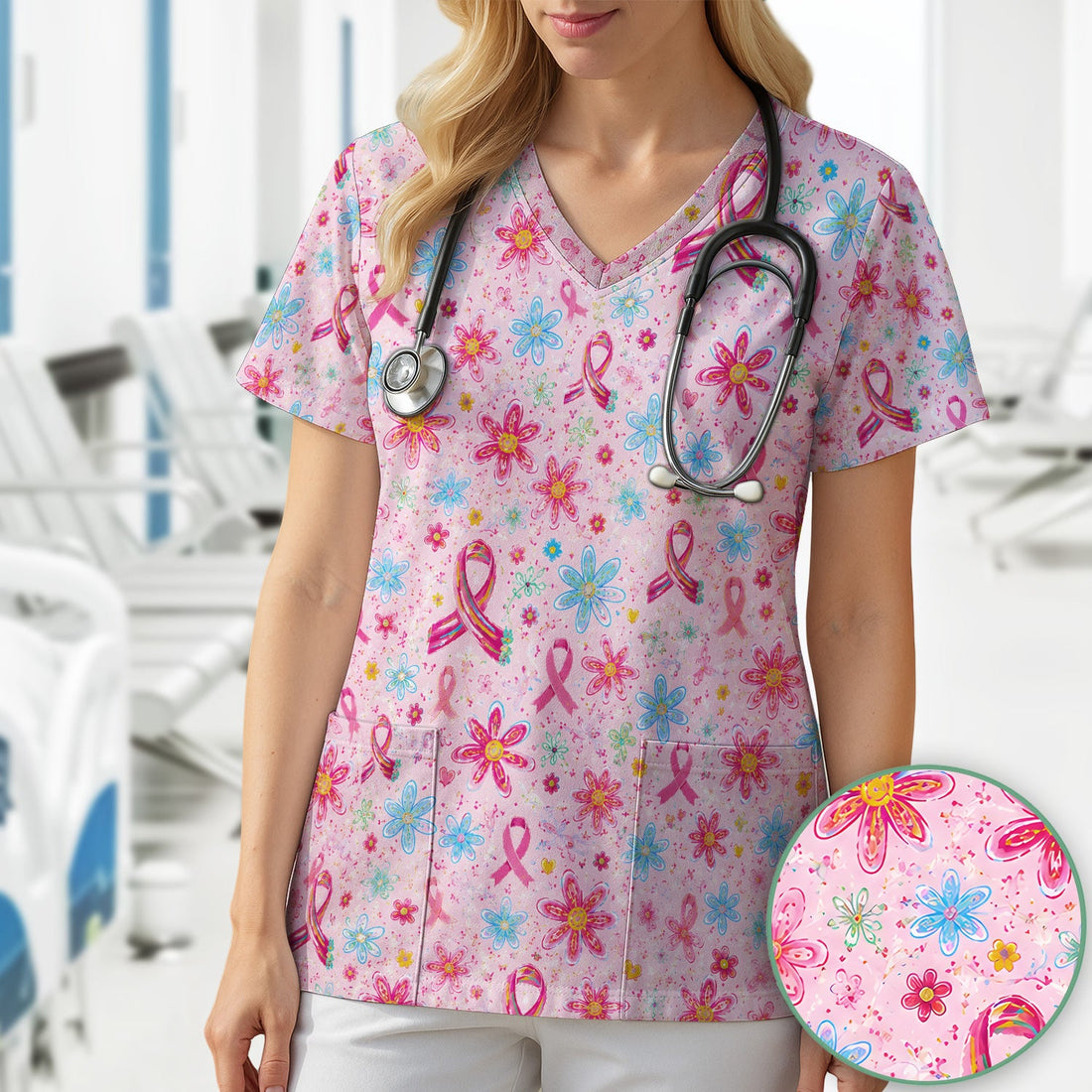 Floral Breast Cancer Awareness Nurse Scrub Top