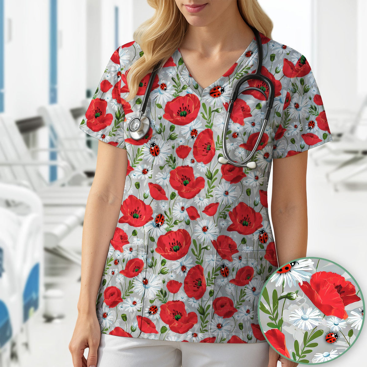 Red Poppy Daisy Ladybug Nurse Scrub Top
