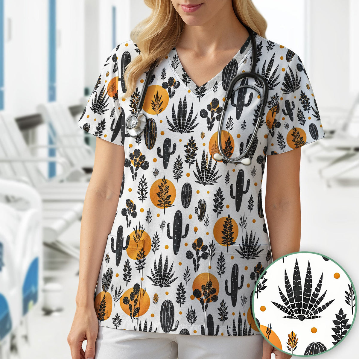 Desert Cactus Orange Sun Nurse Scrub Top