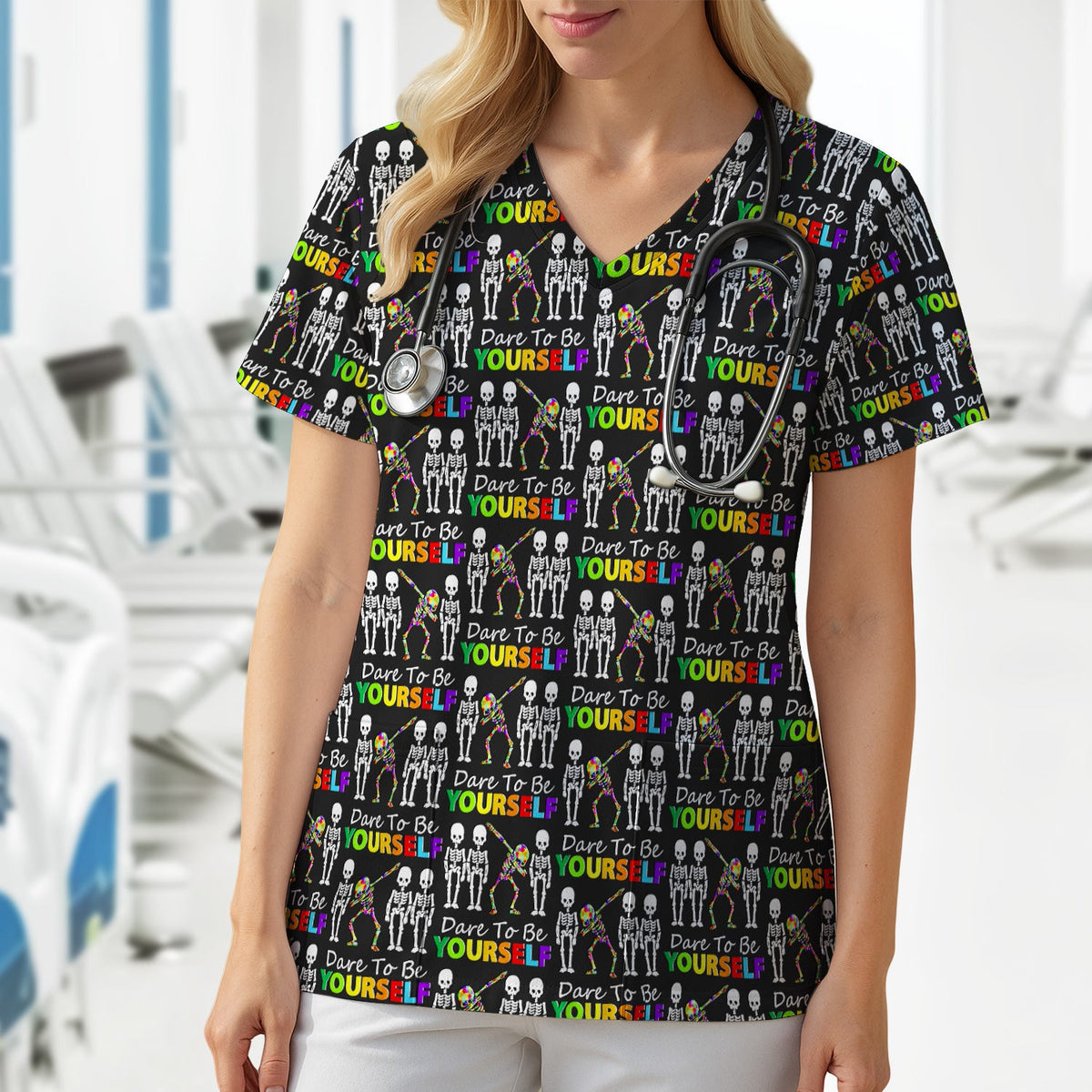 Rainbow Skeleton Dare To Be Yourself Nurse Scrub Top