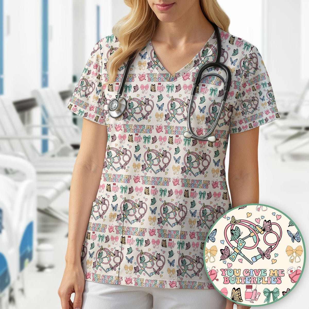 Butterfly Heart Nurse Scrub Top - Valentines Day Gift