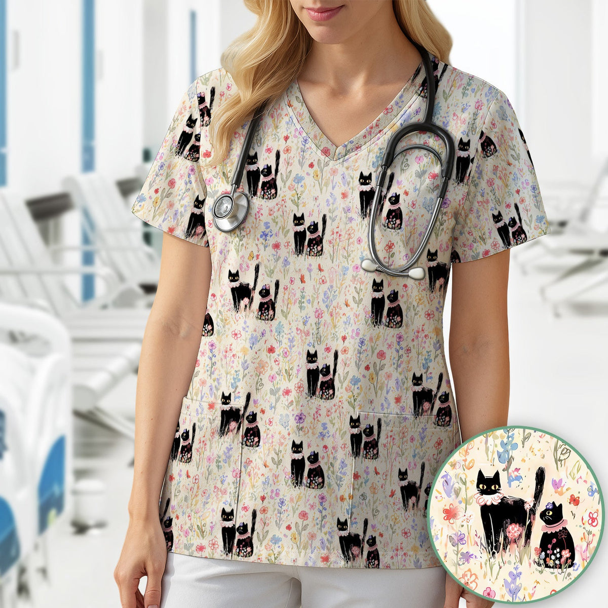 Cute Black Cats Wildflower Garden Nurse Scrub Top