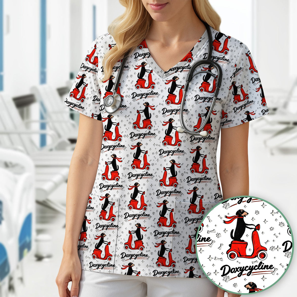 Funny Dachshund Riding Scooter Doxycycline Print Scrub Top ,Comfortable Scrubs for Nurses