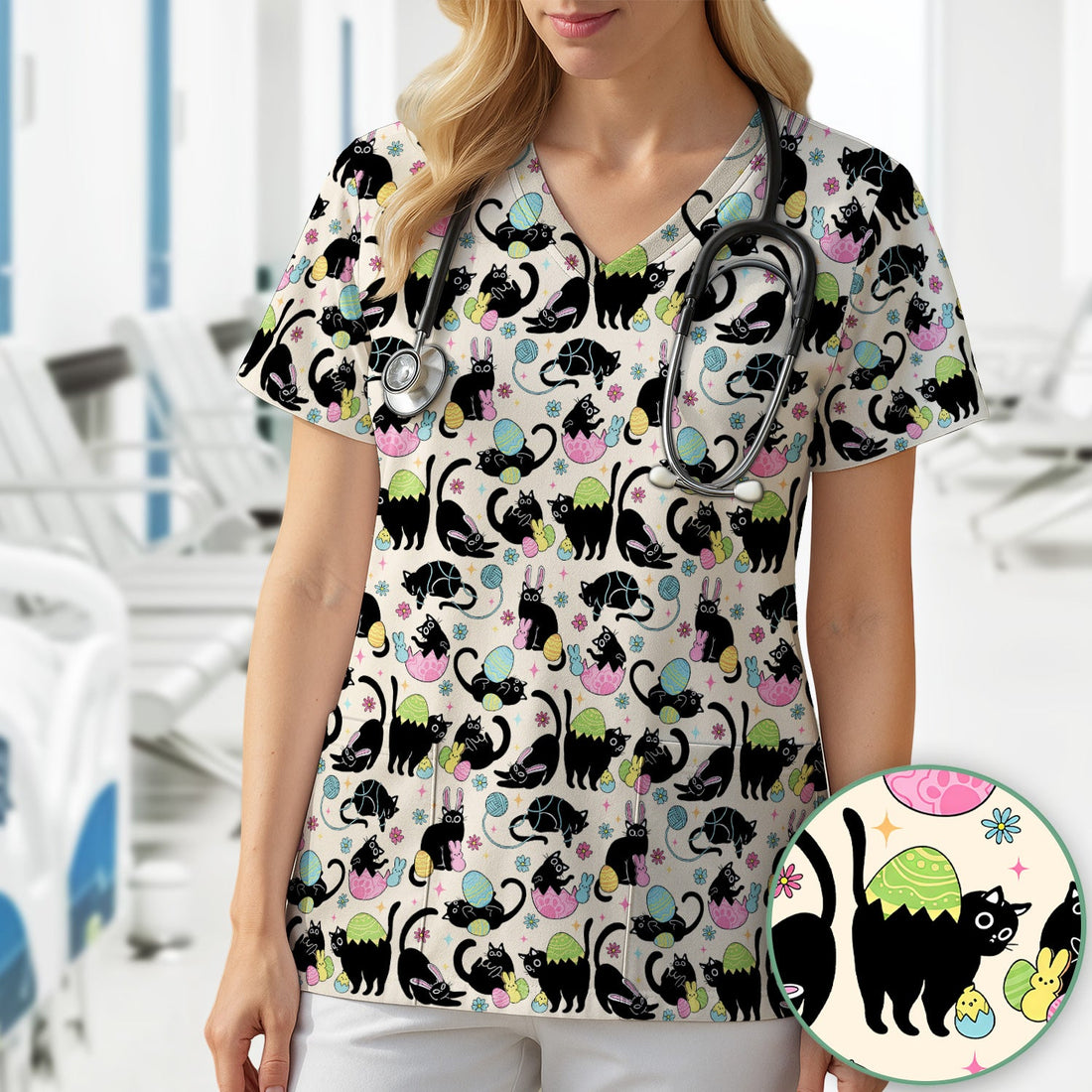Black Cat Egg Nurse Scrub Top - Easter Gift