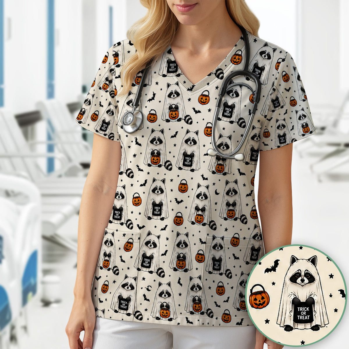 Halloween Ghost Raccoon Nurse Scrub Top