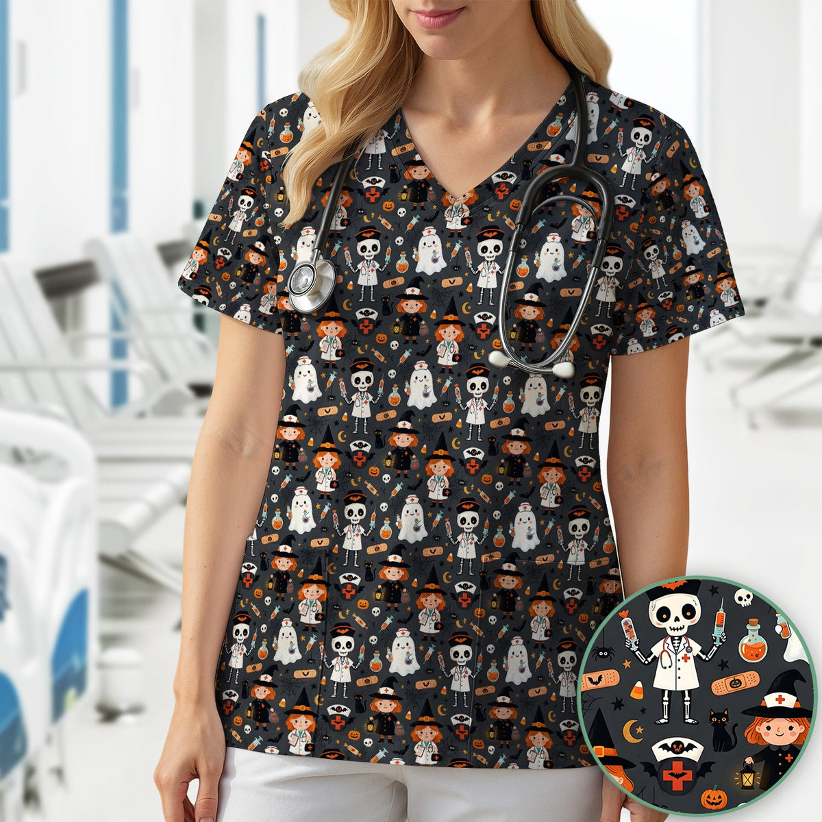 Witch Skeleton Nurse Scrub Top - Halloween Gift