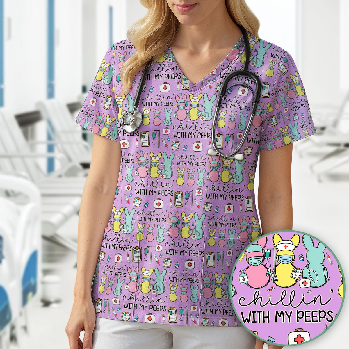 Bunny Nurse Chillin With My Peeps Scrub Top - Easter Gift