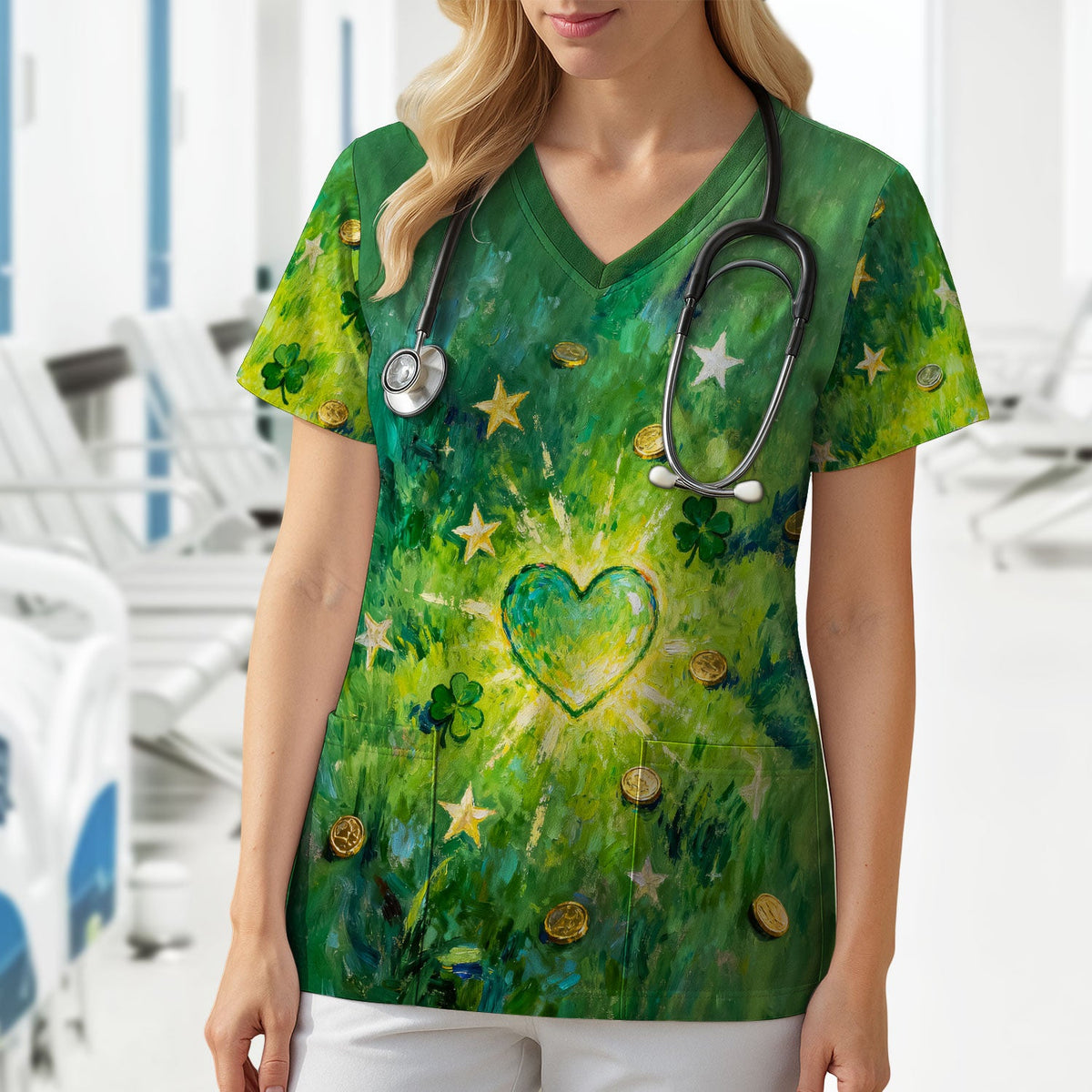St Patrick Lucky Shamrock Heart Nurse Scrub Top