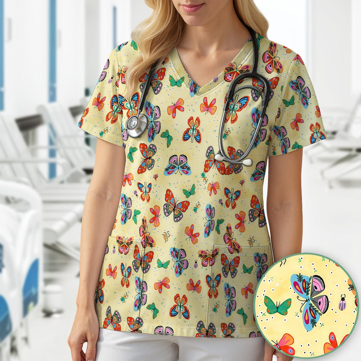 Colorful Butterfly Garden Nurse Scrub Top