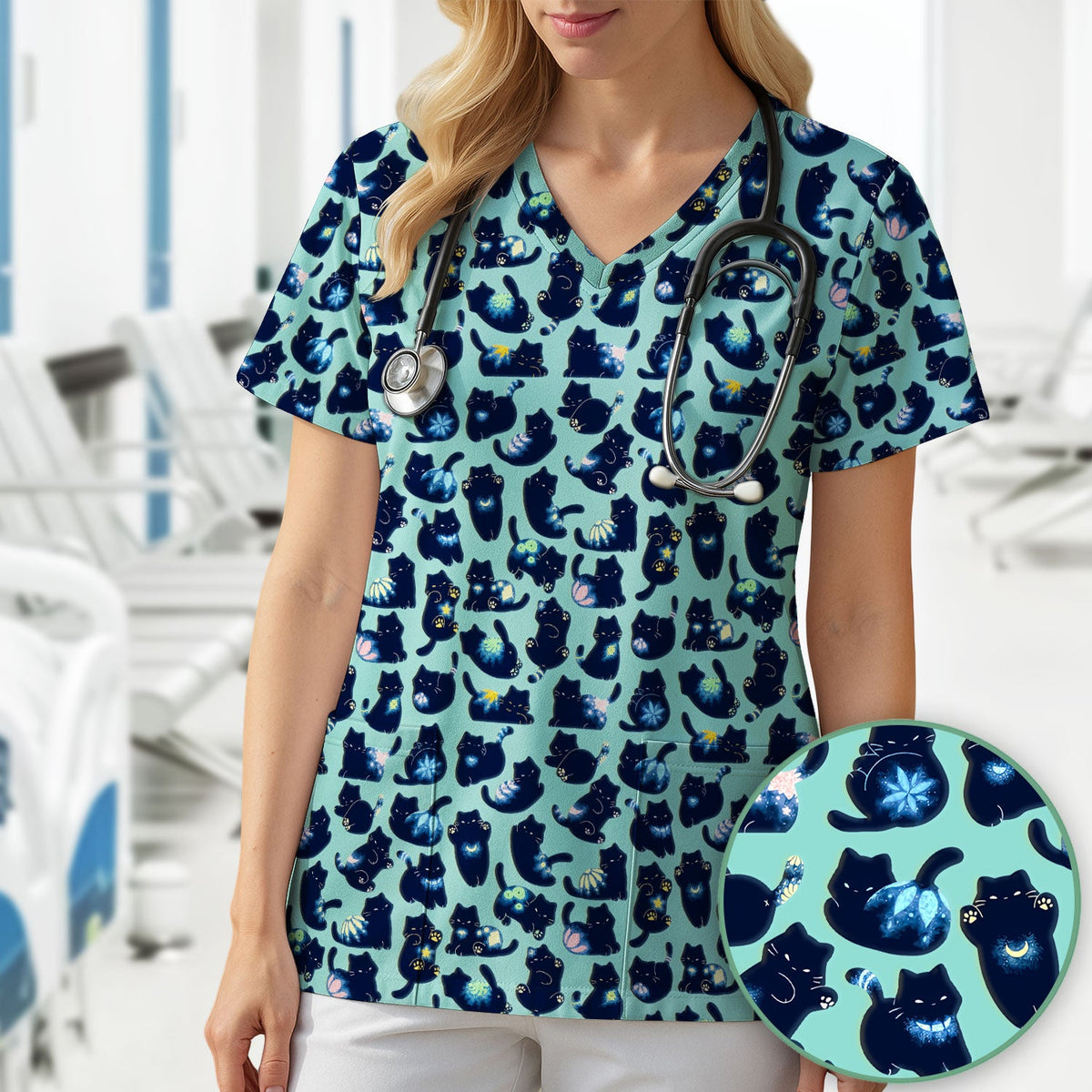 Midnight Black Cat Nurse Scrub Top