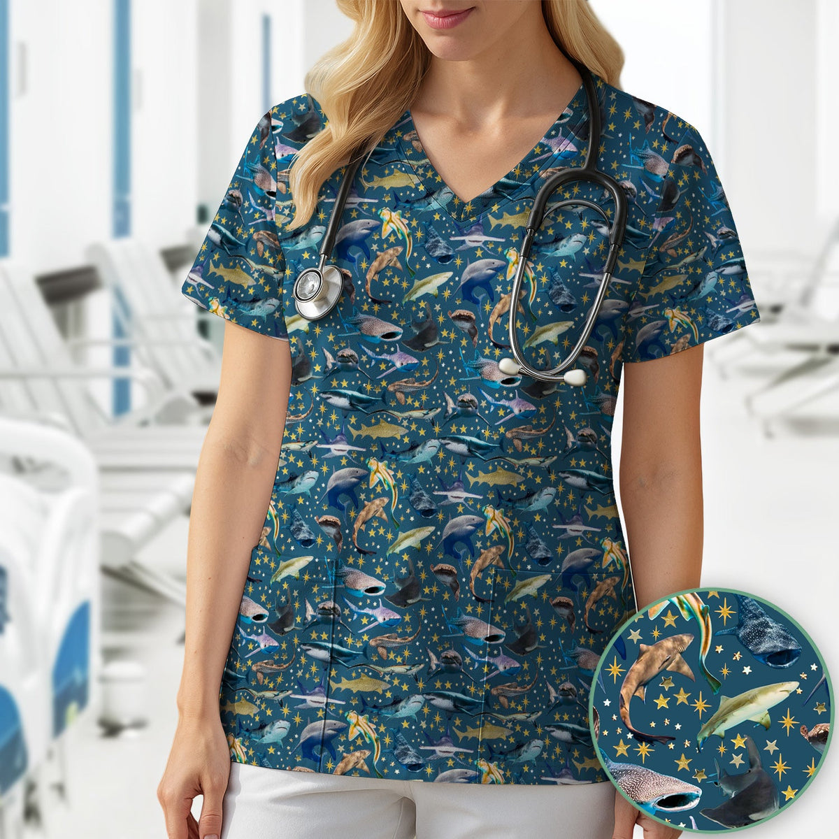 Colorful Shark Ocean Nurse Scrub Top