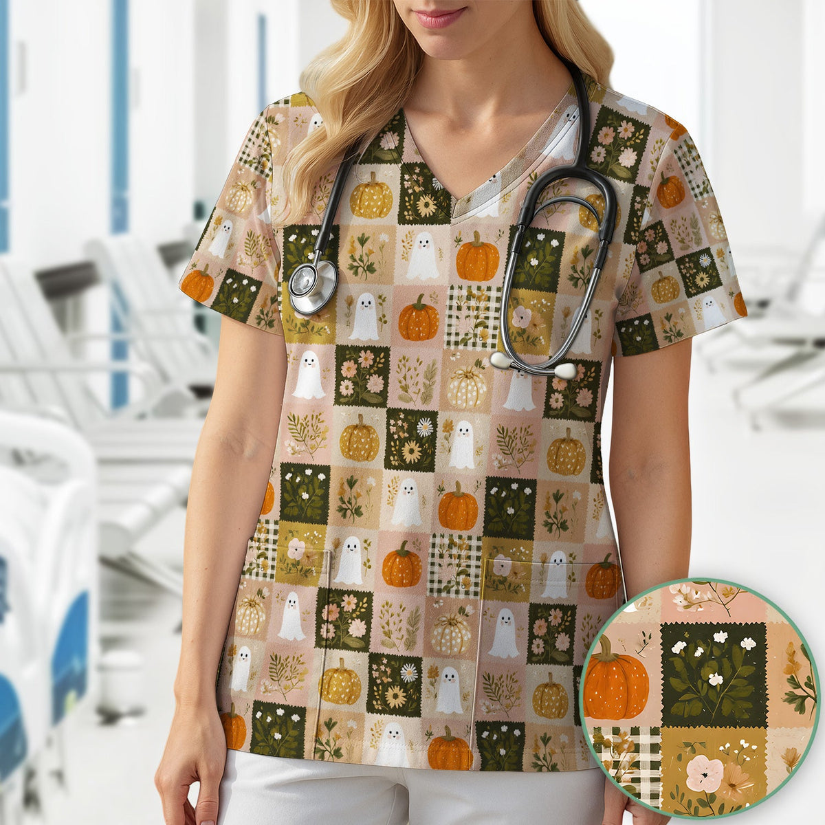 Halloween Ghost Pumpkin Patchwork Nurse Scrub Top