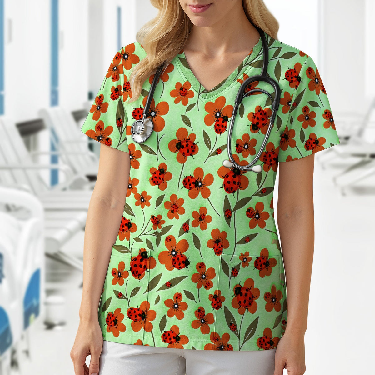 Ladybug Orange Floral Garden Nurse Scrub Top