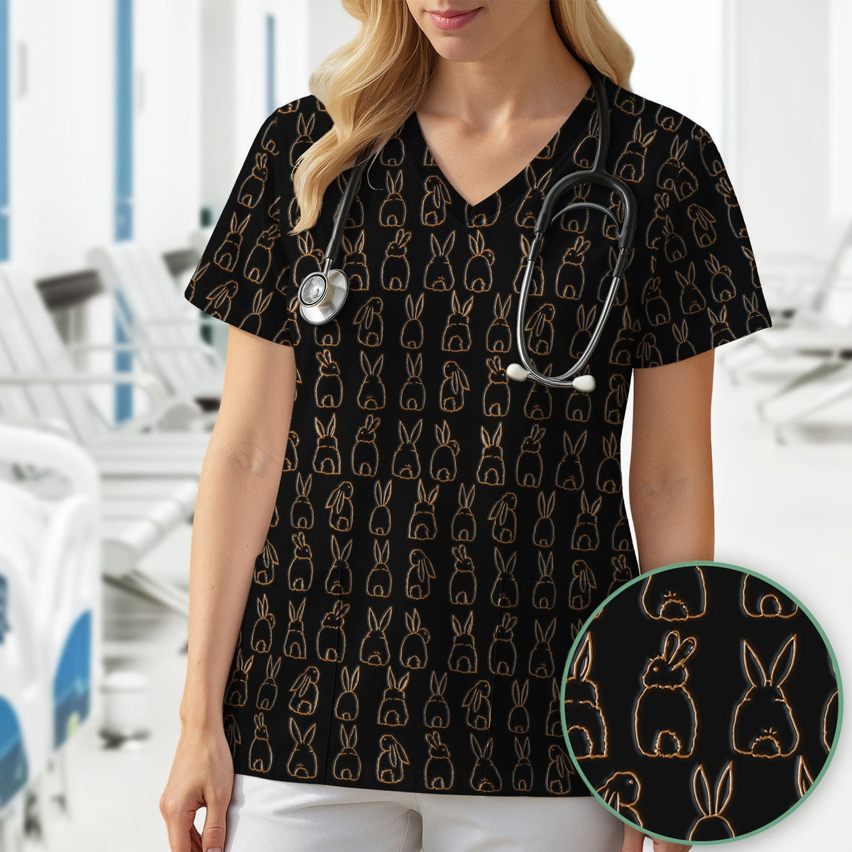 Cartoon Bunny Line Art Nurse Scrub Top - Easter Gift