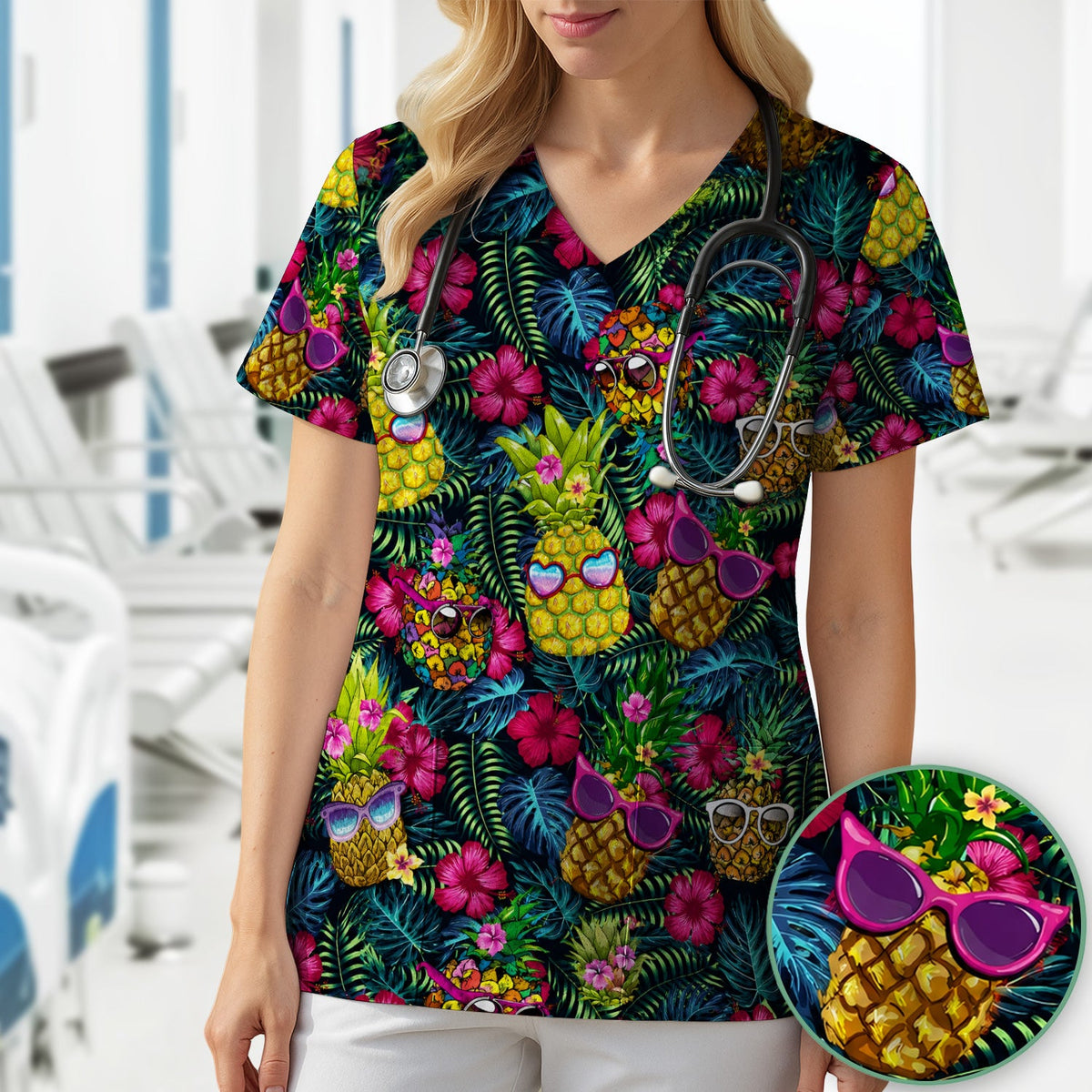 Tropical Pineapple Sunglasses Nurse Scrub Top