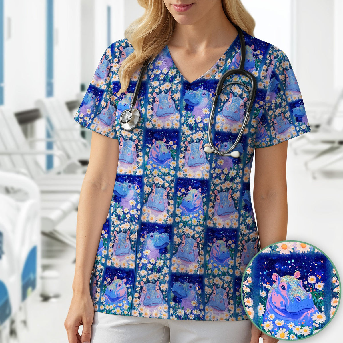 Hippo Daisy Patchwork Nurse Scrub Top