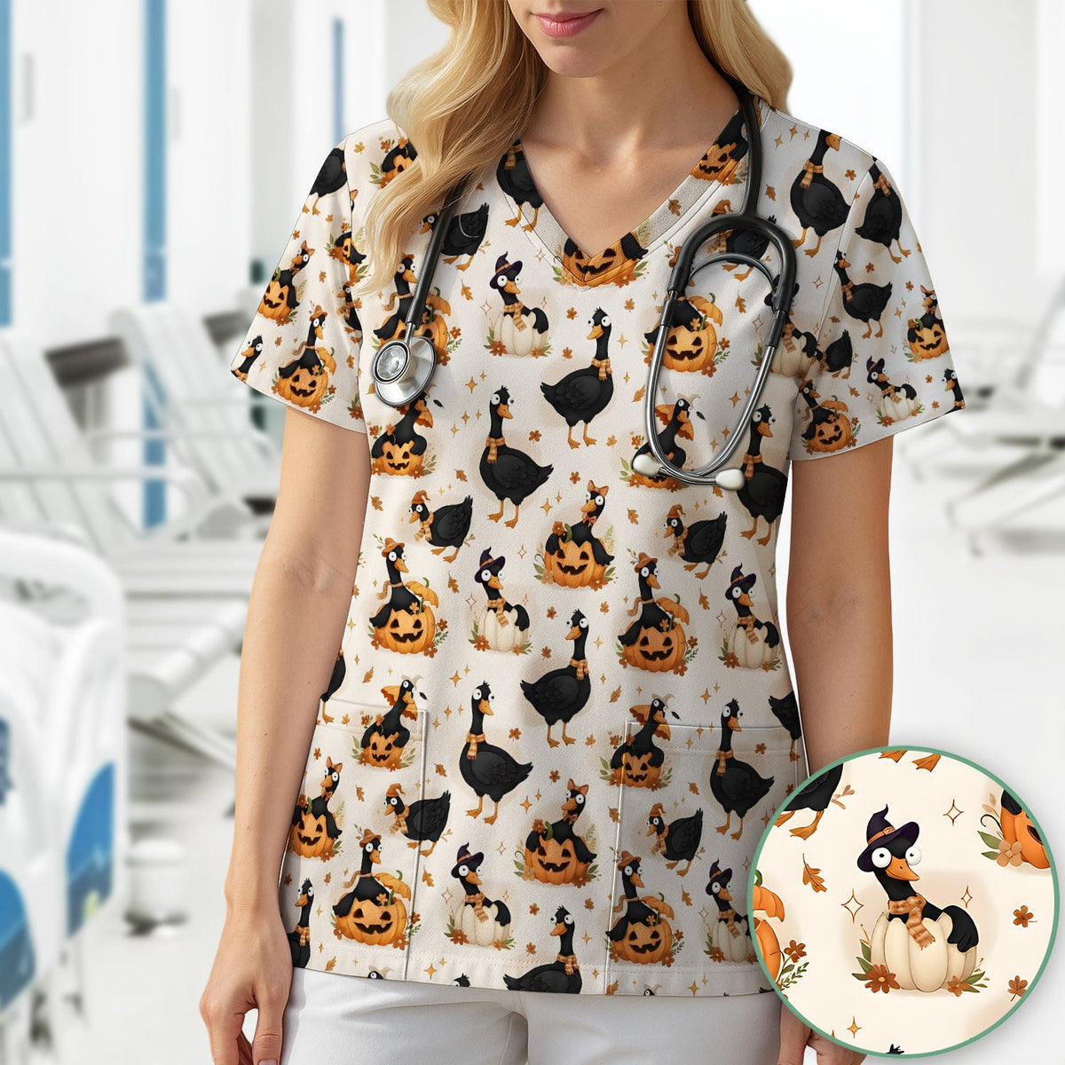 Pumpkin Black Goose Nurse Scrub Top