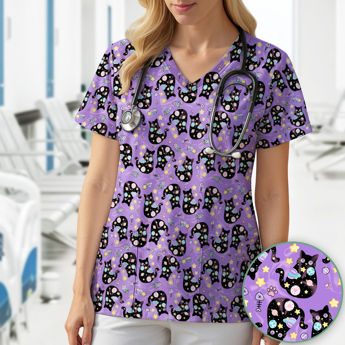 Galaxy Black Cat Space Nurse Scrub Top