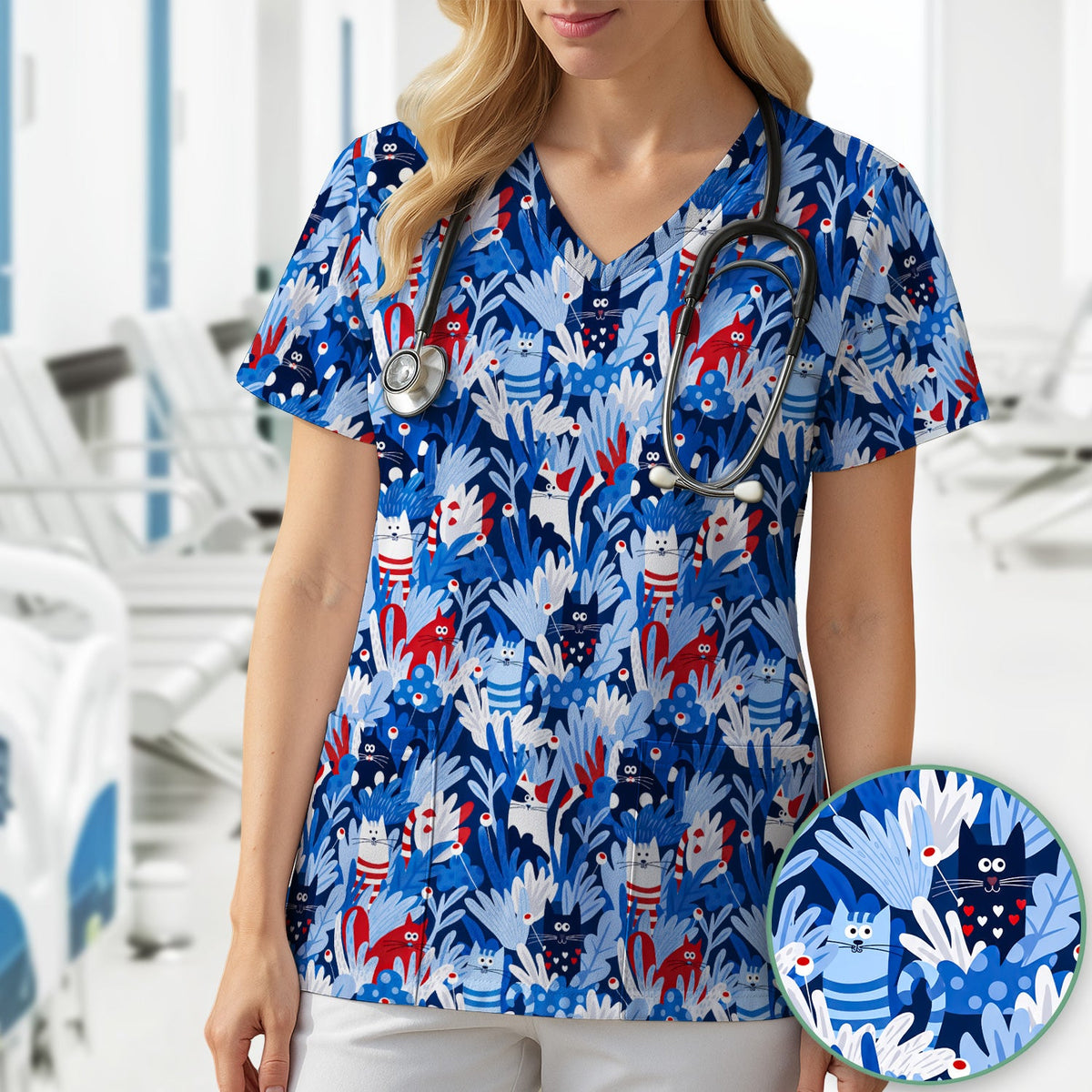 Cats Among Blue Foliage Nurse Scrub Top