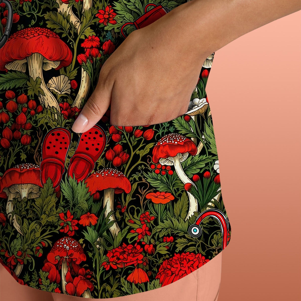 Red Mushroom Forest Nurse Scrub Top