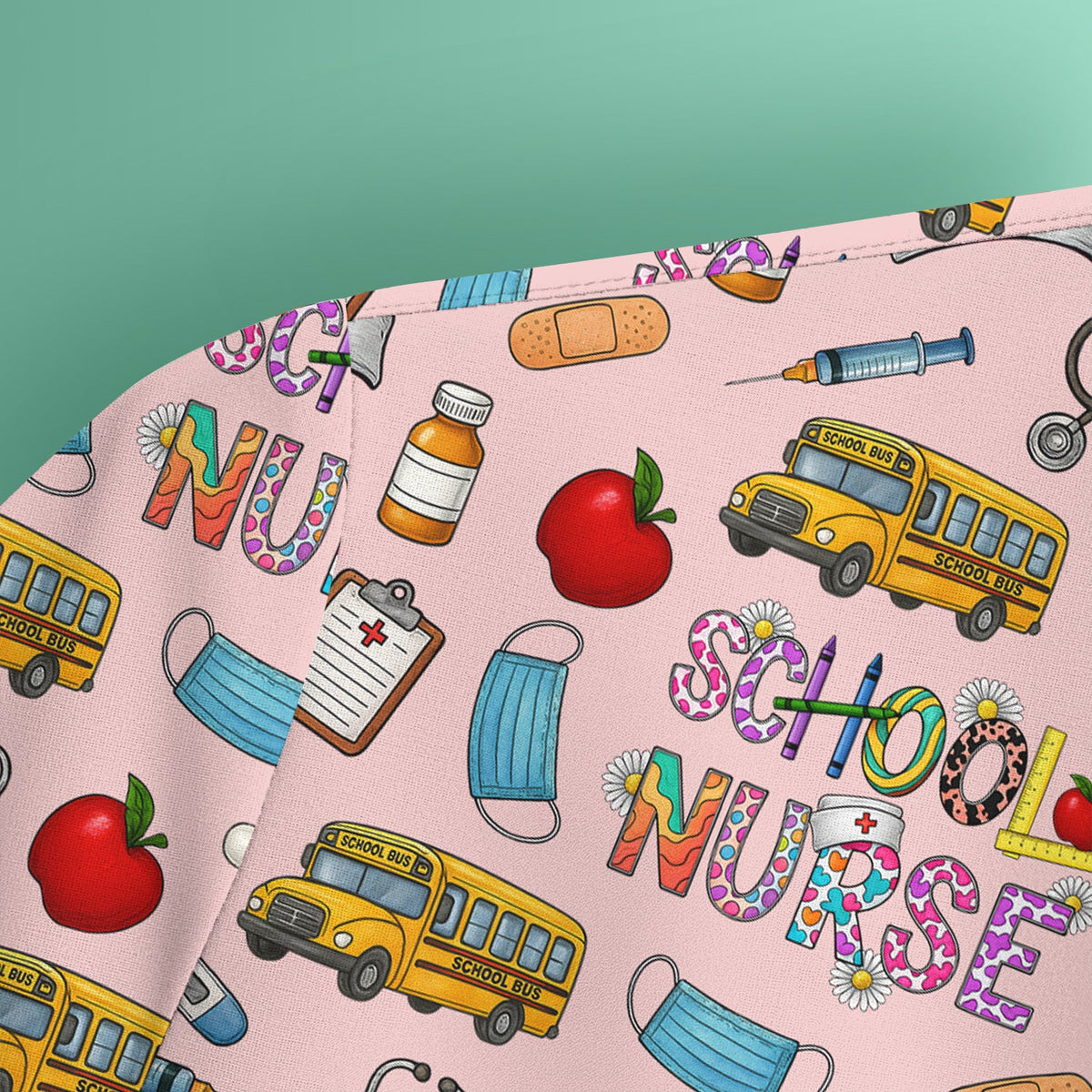 School Bus Stethoscope Nurse Scrub Top